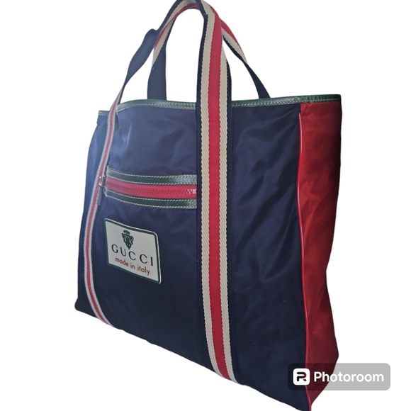 Gucci Vintage Nylon Tote Bag Blue Red Cream NWOT - Picture 5 of 14